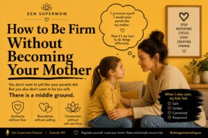 Minimalist Zen Supermom graphic about setting boundaries without yelling and finding the balance between being too soft and too strict.