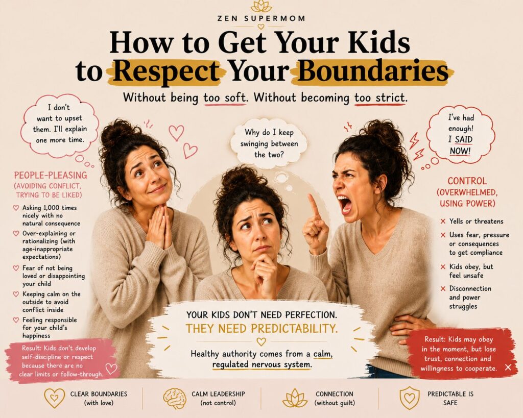 Minimalist Zen Supermom infographic showing the difference between people-pleasing and controlling parenting, and how healthy boundaries come from a calm, regulated nervous system.