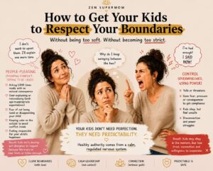 Minimalist Zen Supermom infographic showing the difference between people-pleasing and controlling parenting, and how healthy boundaries come from a calm, regulated nervous system.