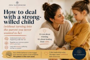 Minimalist Zen Supermom infographic explaining how to deal with a strong-willed child by regulating the parent's nervous system instead of relying on fear, control, or punishment.